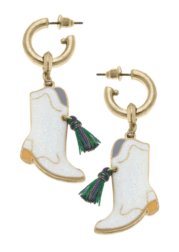 Mardi Gras Marching Boot Enamel Drop Hoop Earrings